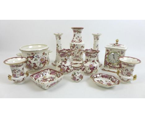 A group of twelve pieces of Masons Ironstone china, all decorated in the Mandalay Red pattern, comprising a pair of candlesti