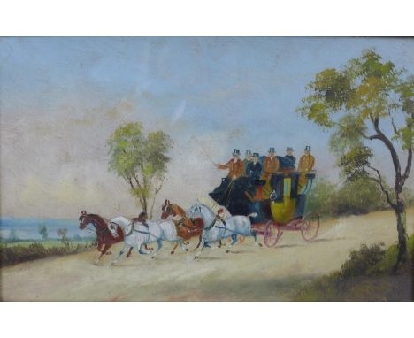 British School (19th century): the post being pulled by four horses, oil on board, 17 by 27cm, glazed and gilt framed, 23.5 b