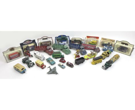 A group of die cast Dinky and Corgi model toys, including a Dinky Toys Bedford Refuse truck, a Corgi Commer Bus 2500 Series w