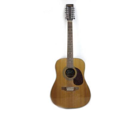A Vintage V400-12 string acoustic guitar, with rosewood fingerboard, spruce top, tortoise shell style pick guard, cream bindi