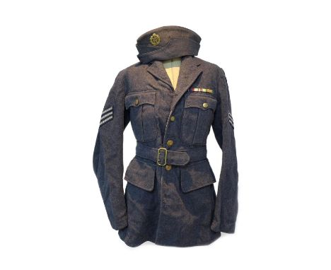 A WWII RAF Sergeant's tunic, side cap, with some badges and buttons, three belts, Maltese siege connection, and a Post WWII U
