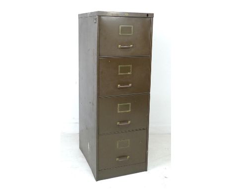 A vintage Art Metal four drawer filing cabinet, dark green, decal maker's label to top, 62.5 by 45 by 132cm high.