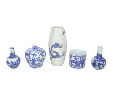 A group of modern Chinese blue and white ceramics, comprising a stick stand, with white crackleure glaze and in relief with a