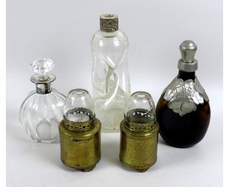A Dutch 830 silver collared twisted glass decanter etched with pastoral landscape, 21.5cm high, together with a further silve
