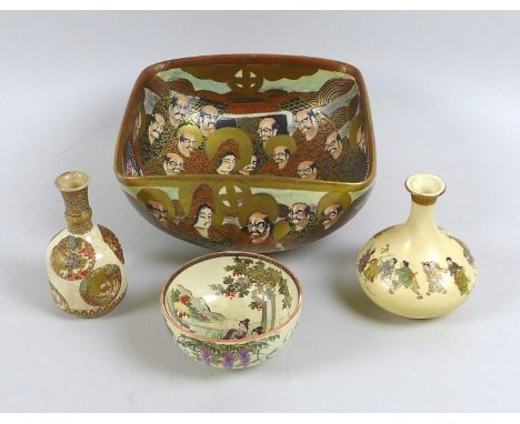 A group of three Japanese Satsuma pottery miniature vases, Meiji period, together with a later Satsuma bowl, comprising one o