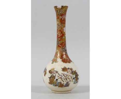 A fine Japanese Satsuma pottery miniature bottle vase by Yabu Meizan, Meiji period, with long slender neck and flared rim, th