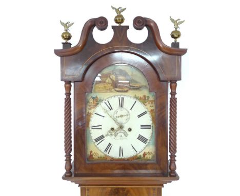 A 19th century long case clock by George Bartle, with hand painted arched dial, date aperture, Roman numeral dial, eight day 