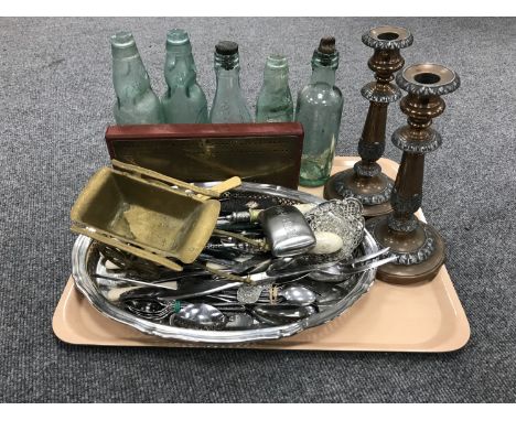 A plated twin handled gallery tray with three pewter tankards, tray of plated cutlery, candlesticks, cribbage board, vintage 