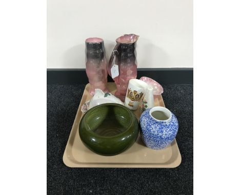 A tray of early Bretby green glazed planter together with seven pieces of Maling including Lustre vases, butter dish, blue an