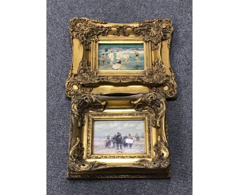 Two reproduction gilt framed oils on boards, depicting figures on a beach and figure playing at low tide