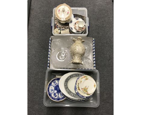 Three boxes containing a collection of assorted tea plates and wall plates, a china lidded terrine, glass ware, together with
