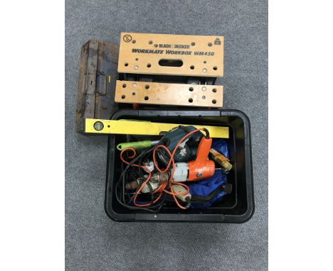 A Black & Decker workmate work box together with a metal toolbox containing spanners and a further box containing assorted po