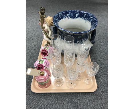 A tray containing lead crystal glassware, Maling preserve pot, a pair of Royal Stratford china posies, a cherub candle holder