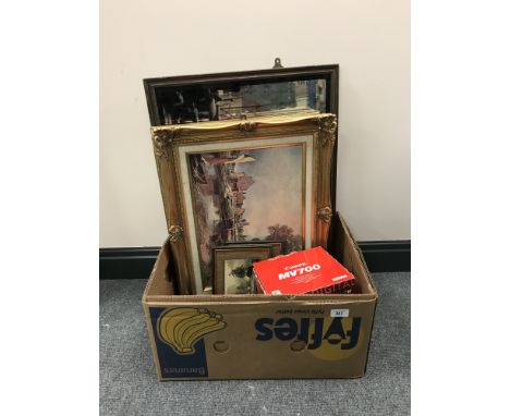 A box of framed picture mirror "the building of the Tyne Bridge", metal framed map of the world, Constable print, two sailing