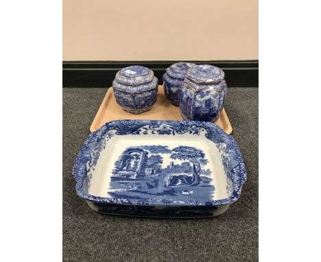 Three Ringtons caddies and a Spode Italian oven dish 