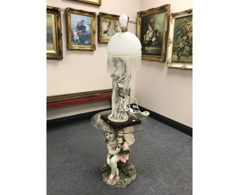 A Juliana Collection figured table lamp with glass shade and a flower fairy lamp table 