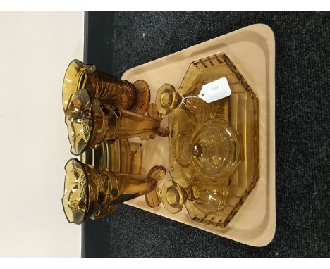 A tray of five piece amber glass trinket set together with an amber glass water jug, dish and pair of vases 