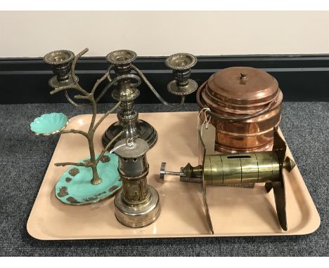 A tray of trench art money box, a miner's lamp, an enamelled ring stand, a copper ice bucket 'HMS Pembroke', a silver plated 