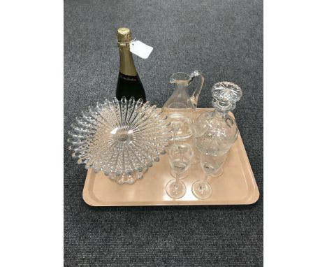 A tray of crystal decanter, glass ware together with a bottle of Nicolas Feuillatte champagne 