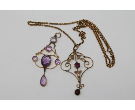 An Art Nouveau amethyst pendant on chain, together with another amethyst pendant of the same period
