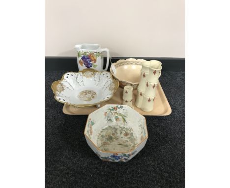A tray of Wedgwood vase and candlestick in bamboo style finish, a Crown Ducal fruit bowl, Maling water jug etc 