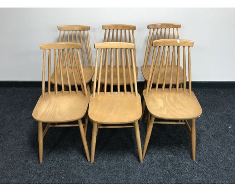 A set of six beech Ercol style spindle back kitchen chairs 