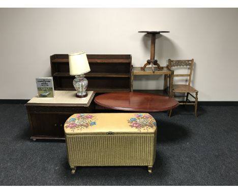 A set of open bookshelves, an oak two tier trolley, an oak deco occasional table, a bedroom chair, a loom blanket box, an oak