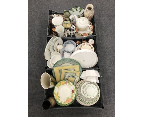 Three boxes of assorted china including serving plates by Spode etc, tea china, Ringtons, vases etc  