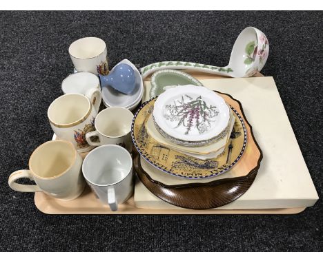 A tray of commemorative mugs and beakers, Wedgwood heart shaped dish, Portmerion china ladle, Royal Doulton plate depicting A