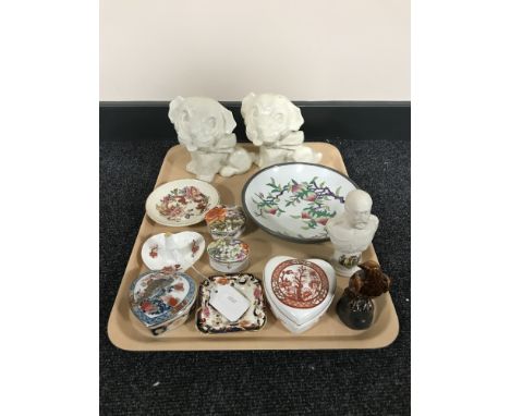 A tray of Masons ashtray and shallow dish, pill boxes, Scotch Whisky decanter, Goss bust, pair of mid twentieth century potte