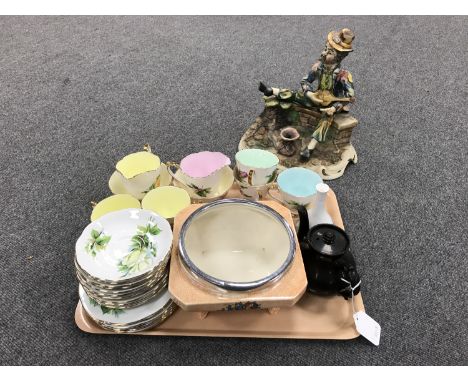 A tray containing a two part Roslyn chine tea service, a Wedgwood vase and a capodimonte figure