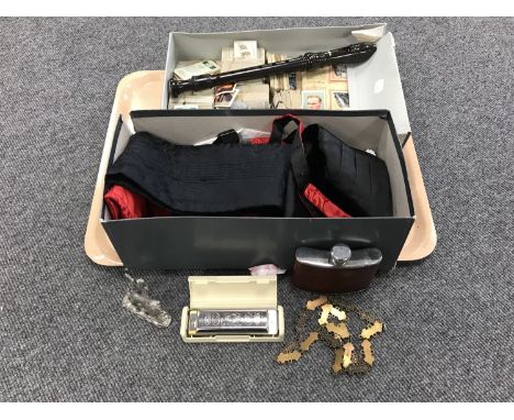 A tray containing a Hohner big river harp, assorted cigarette and tea cards, a Yamaha recorder, a hip flask, bow ties and cum