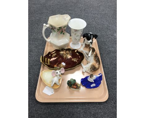 A tray of Carlton ware Rouge Royale shallow dish, Doulton figure Elaine, china animals, Hummel figure, Wedgwood vase etc 