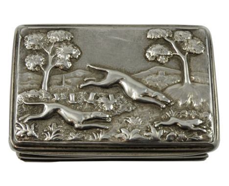 A George IV silver 'castle top' snuff box, by Nathaniel Mills, Birmingham 1828, the hinged cover with a cast hounds chasing a