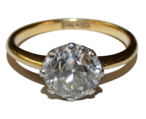 An 18ct gold single stone diamond ring, claw set with an old cut brilliant stone, calculated to weigh 1.60 cts, estimated col