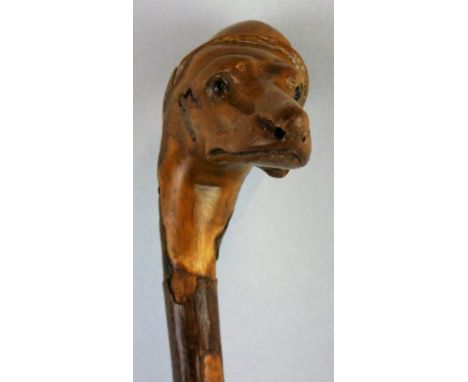 A carved walking stick, the terminal with a dogs head, glass eyes.