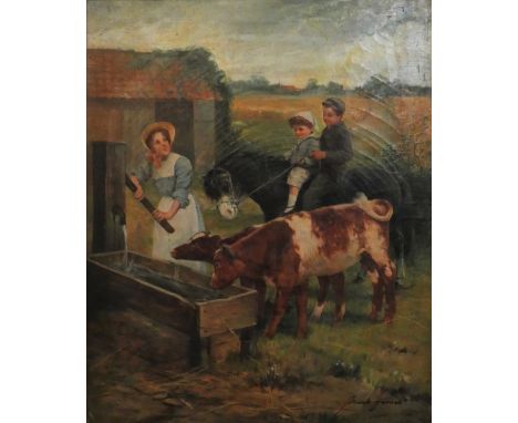 Frank James (19th/20th century), cattle by a water trough, oil on canvas, signed lower right hand corner 67 x 54 cm, gilt fra