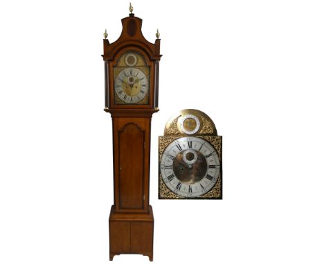 A 19th century and later oak eight day long case clock, the 12" brass dial with silvered chapter ring, the arch with another 