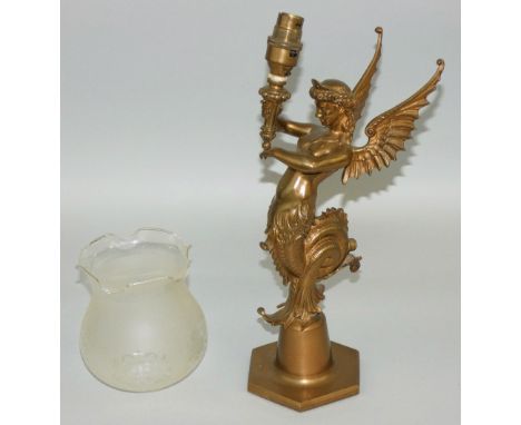 A Victorian brass winged Victory gaslamp, converted to electricity, height 36 cm. By family repute this was on the bar of a H