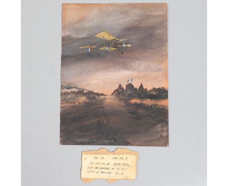 A WATERCOLOUR OF A FIRST WORLD WAR BIPLANE 'DAWN PATROL'. A watercolour on board of a biplane, probably an F.E.2. flying over