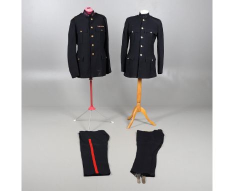 A DRESS UNIFORM WITH NORTH LANCASHIRE REGIMENT BUTTONS. A single breasted four pocket dress jacket in dark blue with trousers
