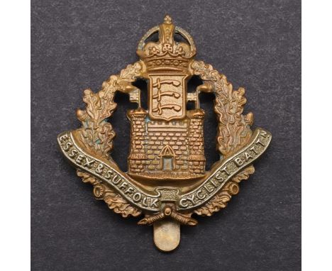 AN ESSEX AND SUFFOLK CYCLISTS BATTALION CAP BADGE. An Essex and Suffolk Cyclist Battalion cap badge, castle to the centre wit