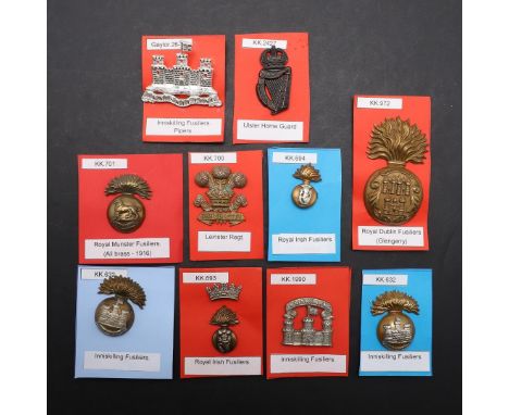 A COLLECTION OF TEN BADGES FOR IRISH REGIMENTS. A collection of badges including examples for the Inniskilling Fusiliers, Uls