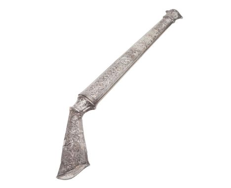 A PERSIAN KNIFE WITH SILVER HANDLE AND SCABBARD. A Persian type knife with a textured 20.5 cm steel blade with pointed tip. T