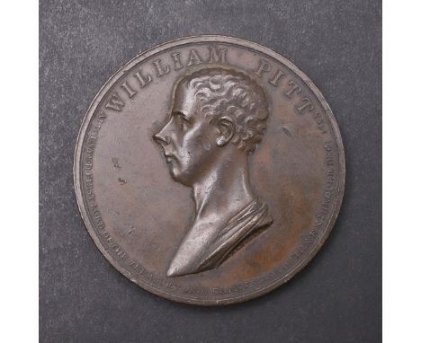 WILLIAM PITT, A BRONZE MEDAL BY J.G. HANCOCK, 1799. William Pitt, First Lord of the Treasury, 1799, bust l, reverse with lege