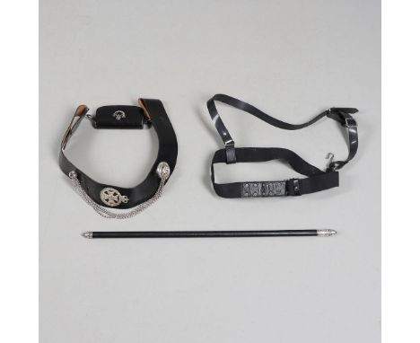 A ROYAL GREEN JACKETS SILVER MOUNTED SHOULDER BELT WITH POUCH AND WHISTLE. An officers black shoulder belt and pouch with slu