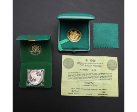 A 22CT GOLD BADEN POWELL COMMEMORATIVE MEDAL AND SIMILAR SILVER MEDAL. A 22ct gold medal by Johnson Matthey commemorating the