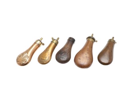 A COLLECTION OF FIVE VICTORIAN AND LATER MINIATURE POWDER FLASKS. A collection of five small powder flasks to include one dec