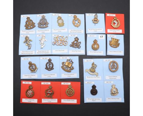 A COLLECTION OF CAP BADGES FOR CORPS INCLUDING ARMY PAY CORPS AND OTHERS. A collection of 21 badges including Army Dental Cor