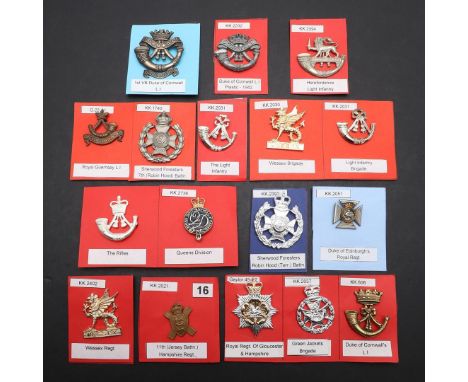 A COLLECTION OF SEVENTEEN BADGES FOR SOUTH WEST, LIGHT INFANTRY AND OTHER REGIMENTS. A collection of badges for various Regim